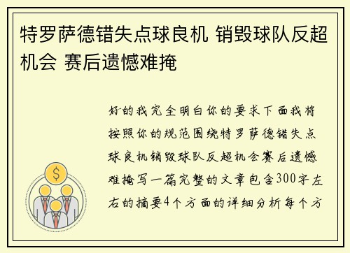 特罗萨德错失点球良机 销毁球队反超机会 赛后遗憾难掩